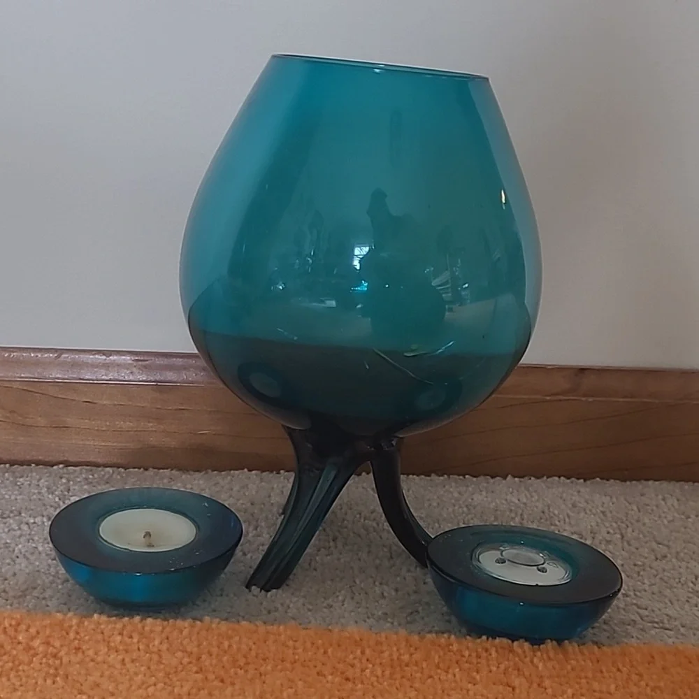 1960s Teal Glass Vase and Votive Holders